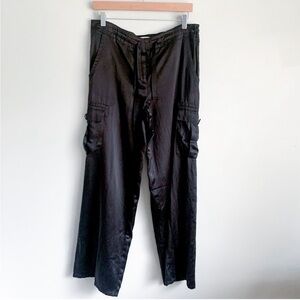 Vtg 90s Y2K Max Studio silk cargo wide leg pant drawstring waist black small